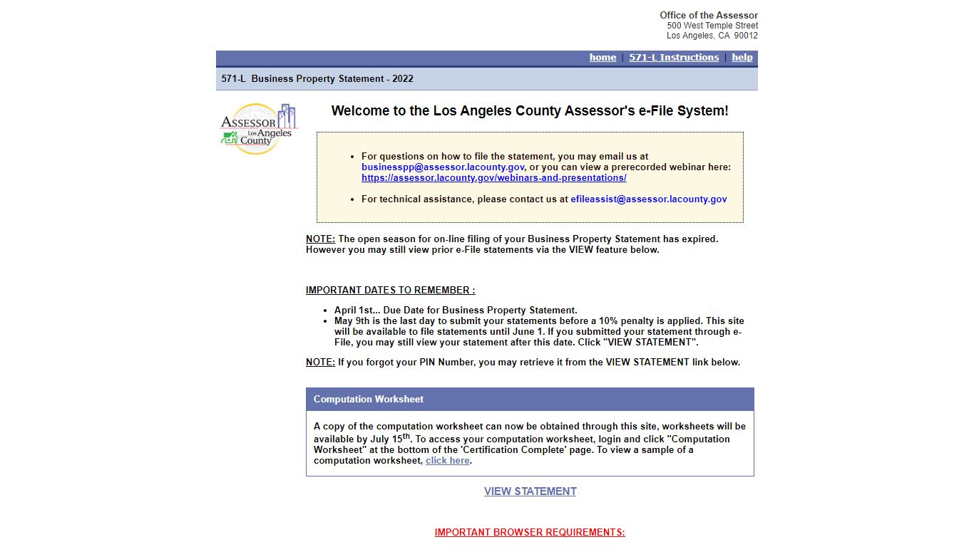 Welcome to the Los Angeles County Assessor's e-File System!